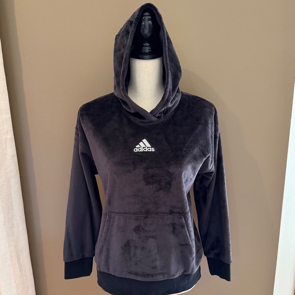 Adidas Girl's Black Velour Hoodie, Black with Silver emroidery, Size 16